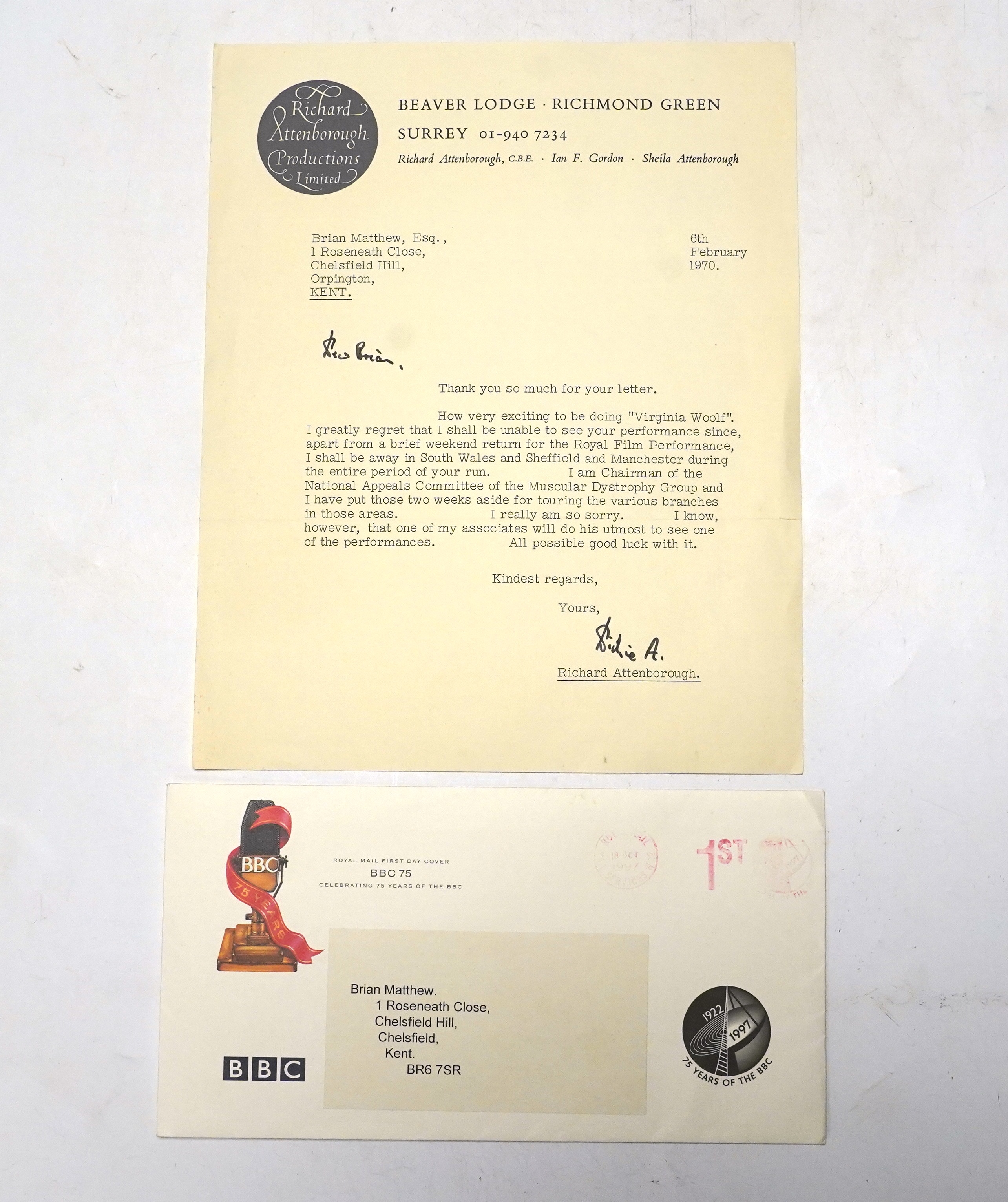 A letter from Richard Attenborough to Brian Matthew dated 6th February 1970, typed and signed on headed note paper, together with a BBC 75th anniversary First Day Cover sent to Brian Matthew